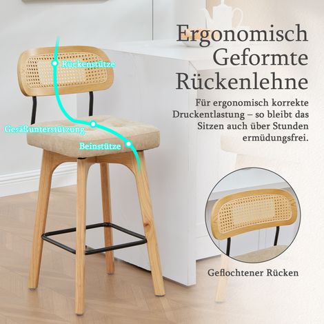 Set di 2 sgabelli da bar girevoli a 360°, sgabelli da cucina e da bar per la colazione con schienale, schienale in rattan con seduta imbottita, sgabelli da bar in stile moderno di metà secolo (kaki, c (1/5)