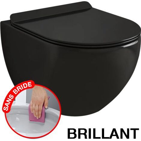 Coribi – Cuvette WC suspendu noir brillant sans bride – Abattant thermodur ultra fin avec frein de chute – Système de chasse hygiénique