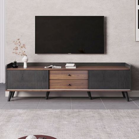 Meuble TV - KOMHTOM - 160x40x58 cm - Noir & bois naturel - 2 portes coulissantes - 2 tiroirs, pieds bois massif (1/5)