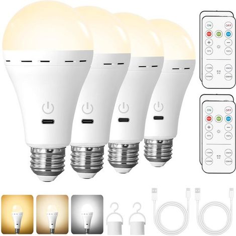 4 bombillas LED E27，Batería recargable con mando a distancia，Bombilla regulable con función de temporizador，3 temperaturas de color (1/5)