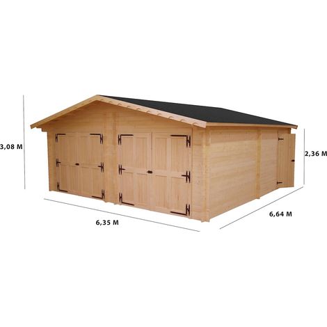 HABRITA Garage bois massif double 38,44 m² madriers 60 mm - toit double pente ONDUCHAPE VV - portes métalliques