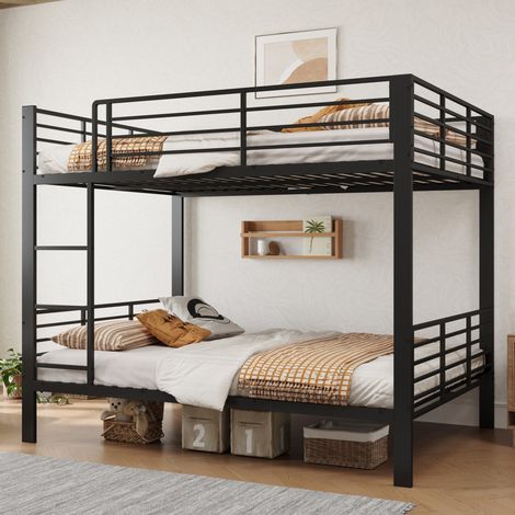 Lit superposé métal massif 140x200 noir, lit double adulte stable charge 400kg silencieux pour colocation et maison de vacances (sans matelas) (1/5)