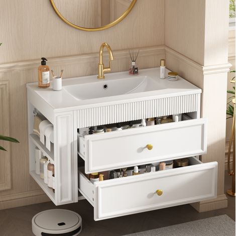 Mobile bagno sospeso con lavabo in ceramica 81 cm, 2 cassetti e vano laterale, bianco DESVIAE (1/5)