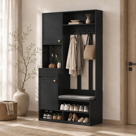Conjunto de muebles de entrada con banco, 4 ganchos, puertas y cajones, negro HAVRYA (1/5)