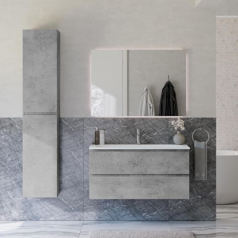 BERNSTEIN - Ensemble meuble vasque 100x46x50cm + Armoire Colonne 35x35x170cm & Miroir carré LED dimmable 100x70cm (LxH) - Gris béton - AVA