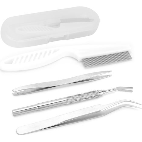 Kit de retrait de tiques comprenant une pince à épiler en acier inoxydable, un peigne et des clips pour le nettoyage des chats et des chiens (1/5)