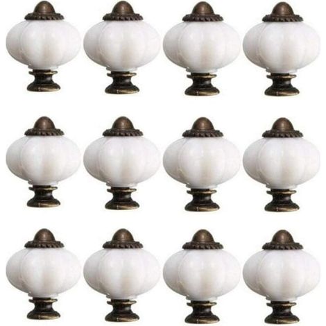 Lot de 12 boutons de porte de meuble, 30 mm, style vintage, en céramique blanche avec 12 vis, pour portes de meubles et tiroirs. (1/5)
