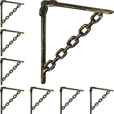 Relaxdays Set 8x Shelf Brackets, Cast Iron, Rack Support, Chain Motif, HWD: 18 x 4 x 21.5 cm, Angle for Shelves, Bronze