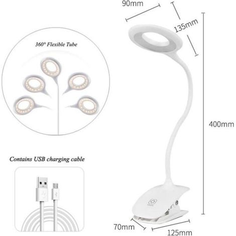 Lampe de lecture à pince LED, capteur tactile, bureau pour lit enfants, col cygne flexible 360°, rechargeable USB, blanc (1/4)