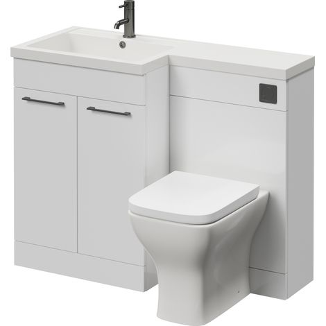 Napoli 460 Gloss White 1100mm 2 Door Vanity Unit Toilet Suite with Left Hand Square Lucia Basin - 1100mm - Gunmetal Grey 160mm HandleWith Kingston Toilet Pan and Seat