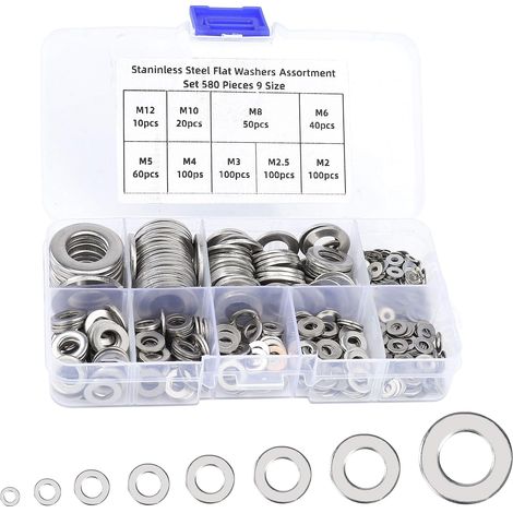 580 rondelles plates en acier inoxydable 304, joints métalliques M2, M2.5, M3, M4, M5, M6, M8, M10 et M12 pour vis et bagues d'étanchéité (1/5)