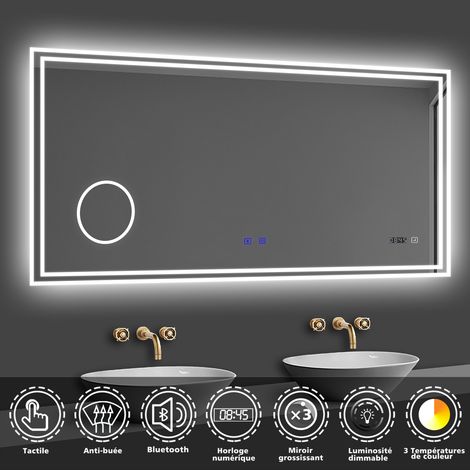 Acezanble – Miroir lumineux de salle de bain 140x80cm – Bluetooth, 3 couleurs, horloge numérique, anti-buée, miroir grossissant x3 – Installation facile (1/5)