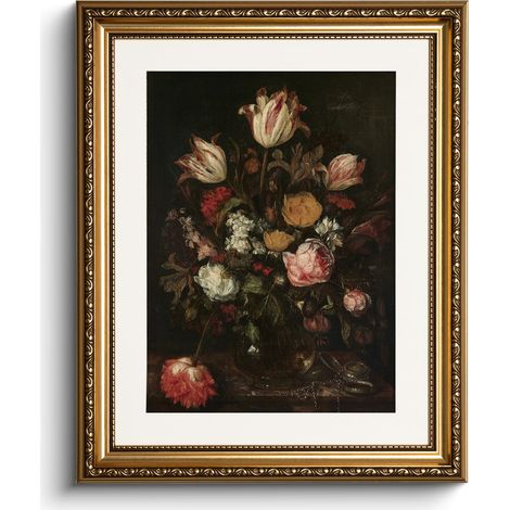 Tableaux sur toile avec cadre doré, petites images murales vintage, peinture de nature morte de fleurs baroques, décoration murale pour salon, chambre à coucher, salle de bain, cuisine (1/5)