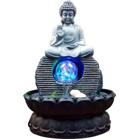 Fontaine Bouddha - 1 Pièce - Résine - Cascade Lotus - Intérieur Extérieur - Gris 30x21x21cm (1/5)