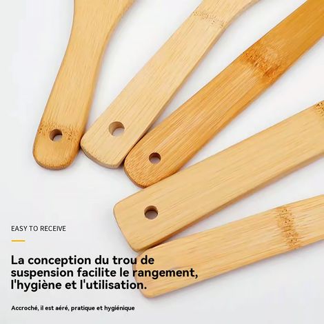 Ensemble d’ustensiles de cuisine en bambou : spatule et cuillère à égoutter, manche long, résistant à haute température (1/3)