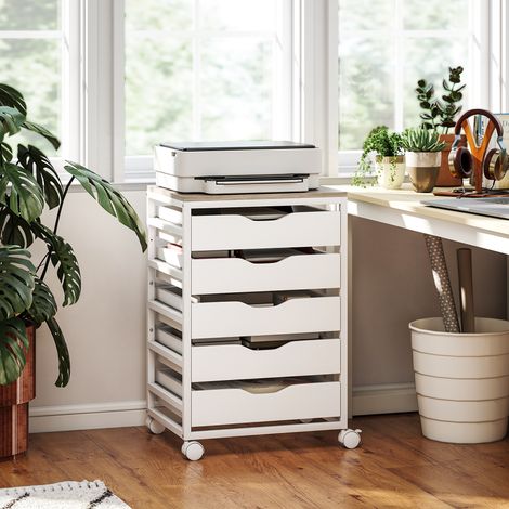 Cajonera móvil de oficina, mueble de almacenamiento de madera con ruedas, 5 cajones, tiradores empotrados, 50 x 40 x 74,5 cm, blanca. (1/5)