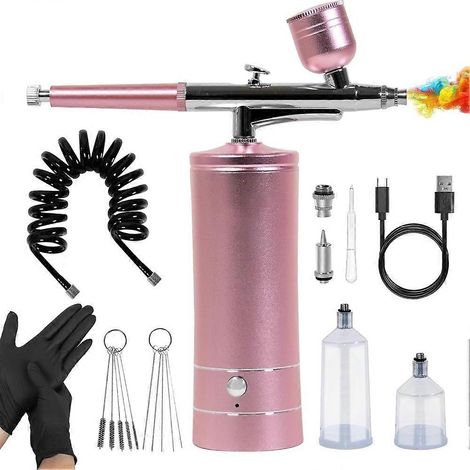 Airbrush-Set mit Kompressor und Handschuhen – 27 PSI Hochdruck-Airbrush mit Schlauch, kabellose Airbrush für Modellbau, Rosa (1/5)