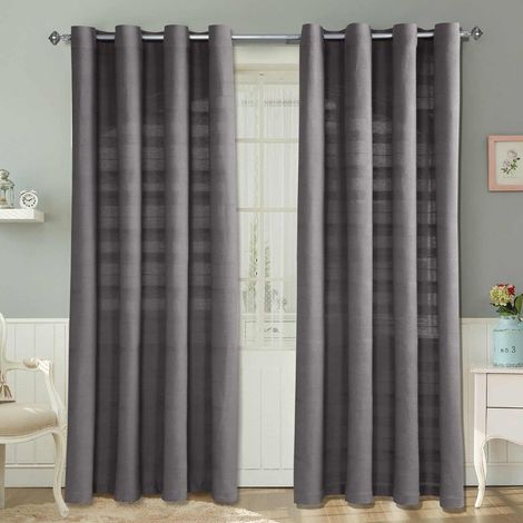 HOMESCAPES Cotton Rajput Ribbed Charcoal Grey Curtain Pair, 66 x 72" Drop