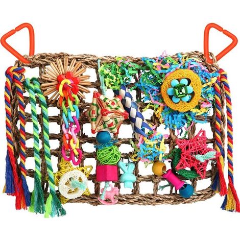 Jouets pour oiseaux, mangeoires pour perruches ondulées, calopsittes, perruches ondulées, inséparables, station d'alimentation pour oiseaux, mur végétal en jonc de mer avec divers jouets (1/5)