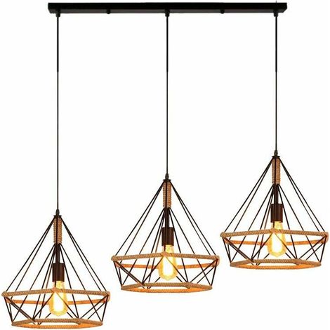 Luminaire Suspension en forme Diamant de Style Industrielle Vintage, Lustre Abat-jour Corde de chanvre Industrial 3 Douille DIY Metal, Blanc BLOW (1/4)