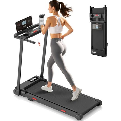 Tapis de Course Pliable 1-10 km/h avec Main Courante, Écran LCD, 12 Programmes Intégrés, 3 Modes d’Utilisation, Design Compact et Rabattable, Charge Max. 100 kg pour Maison et Bureau (1/5)