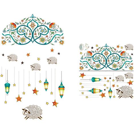Eid-Wandaufkleber, 2er-Set, Vintage-Blumenranken, Sterne, Laternen, Fensteraufkleber für Ramadan-Partys, Wohnzimmer- und Schlafzimmerdekoration