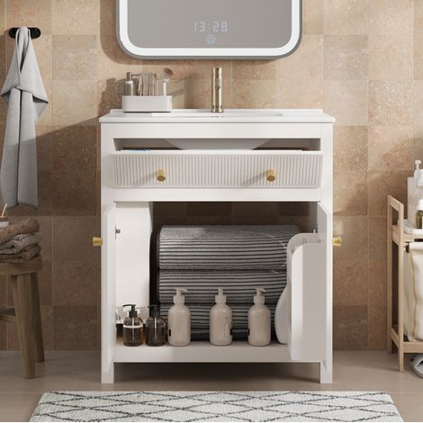 Mueble lavabo 81x46,5x86,5 cm MDF blanco con almacenaje para baño – MEUBLIV (1/5)