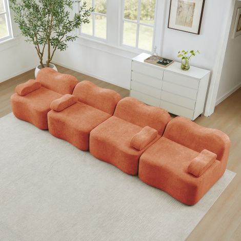 Canapé modulable 4 places sans armature orange, forme ondulée, mousse haute densité 32D, assise profonde, coussins d'accoudoirs mobiles, idéal pour salon (1/5)