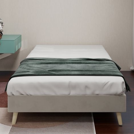 Estructura de cama minimalista moderna, 90 x 200 cm, color beige, tapizada en terciopelo holandés, base de perfil bajo, mueble de dormitorio de estilo moderno. No incluye mecanismo de elevación a gas,