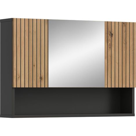 Armoire à Miroir Mone 80 x 55 x 17 cm Corps en Basalte et Avant Imitation chêne Artisan – Armoire à Miroir avec Aspect Bois – Fonctionnelle et Moderne (1/5)