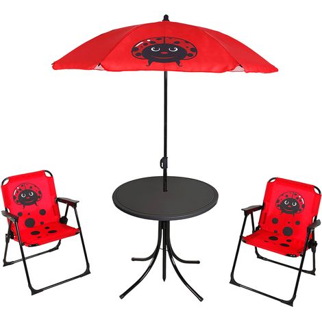 Kinder Camping Sitzgruppe Marienkäfer mit Tisch und Schirm - 4-teilig - Garten Tischgruppe für Kleinkinder mit Sonnenschirm und 2 Stühlen
