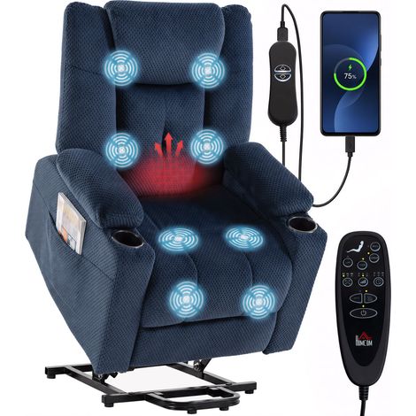 Fauteuil releveur électrique - HOMCOM - massage vibration et chaleur - dossier inclinable - velours - 82 x 91 x 106 cm - bleu (1/5)