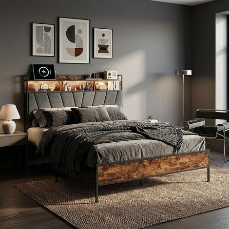 Lit Double 160x200 Cadre de Lit Métal et Bois, Tête de Lit Rembourrée avec LED RGB, Station de Charge USB Type-C, Rangement Sous Lit, Rustique (1/5)