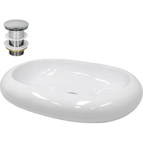 ECD Germany Vasque à Poser Lavabo Salle de Bain - Ø 350 x 120 mm - en Céramique - Rond - Blanc - avec Kit de Vidange sans Trop-Plein - Lave-Mains Évier Toilette Douche - Lavabo à Poser sur Meuble
