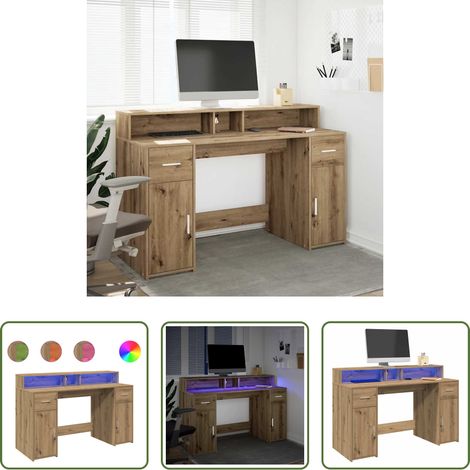 Rangement bureau - Bureau avec lumières LED chêne artisanal bois d'ingénierie (1/5)
