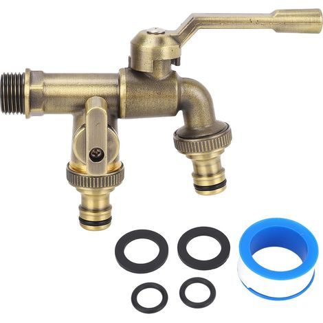 Robinet D'eau Extérieur à Double Robinet, Séparateur Tuyau D'eau Jardin Entrée 3/4 Pouces, Robinet Robinet Laiton Extérieur 2 Voies, Robinet Séparateur Bille pour Connecteur Tuyau (1/5)