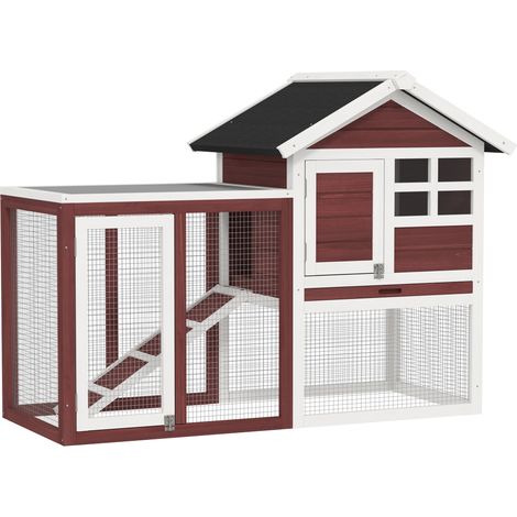 Clapier d exterieur en bois avec abri pour lapins et rampe 123.5x62.6x92.5 cm Marron et Blanc