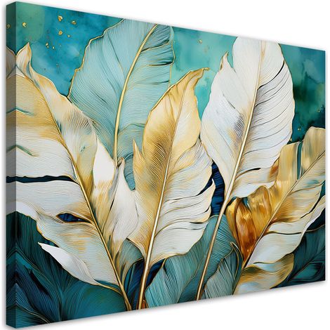 Tableau déco Feuilles de bananier blanches et dorées Turquoise 60x40 (1/5)