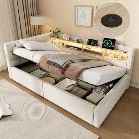 Lit banquette 90x200 cm lit de jour coffre avec rangement hydraulique, canapé-lit avec LED dimmable, étagère pratique, port USB, gain de place, beige (1/5)