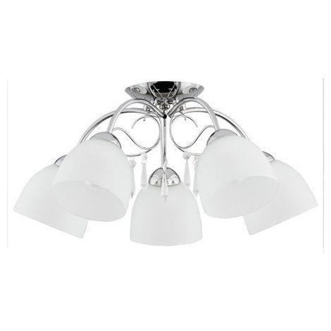 Alfa NATA Classic Decorative Ceiling Light, 5x E27 Sockets, Chrome/Silver & White Metal-Glass Fixture with Crystal Accents, 58cm Flush Mount, Dimmable Ready (1/2)
