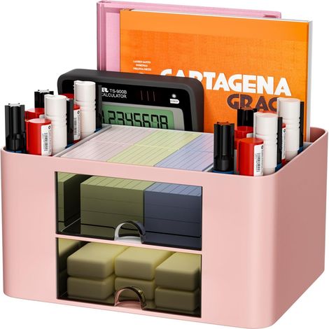 1 Organisateur de bureau, 5 compartiments, 2 tiroirs, plastique, rangement stylos, cosmétiques, maison école bureau (1/5)