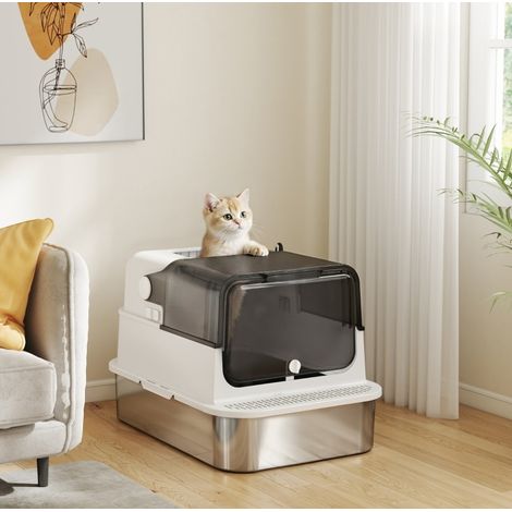 Cassette per lettiera per gatti XXL in acciaio inox con coperchio 70 x 50 x 46,5 cm bianca (1/5)