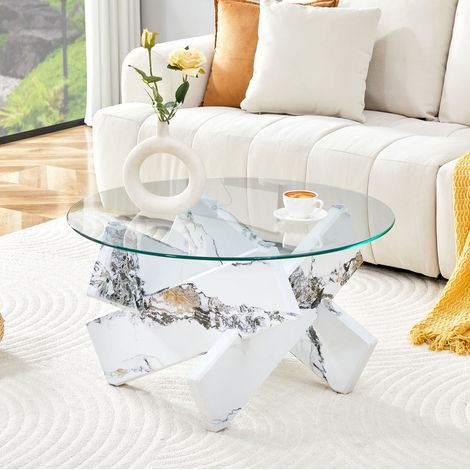 Couchtisch rund aus MDF und Glas transparent weiß in Marmoroptik Ø 79 cm (1/5)