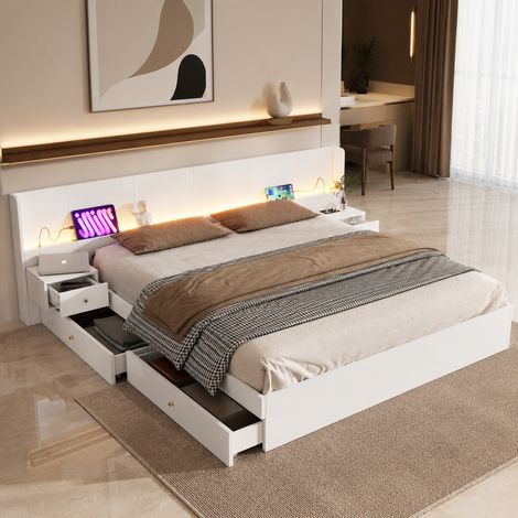 Letto matrimoniale 180x200 cm in MDF bianco con LED e contenitore, senza materasso – MEUBLIV (1/5)