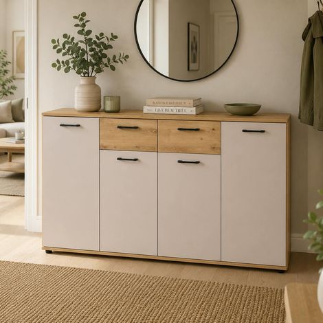 Buffet étroit décor bois et beige 4 portes ALVA (1/5)