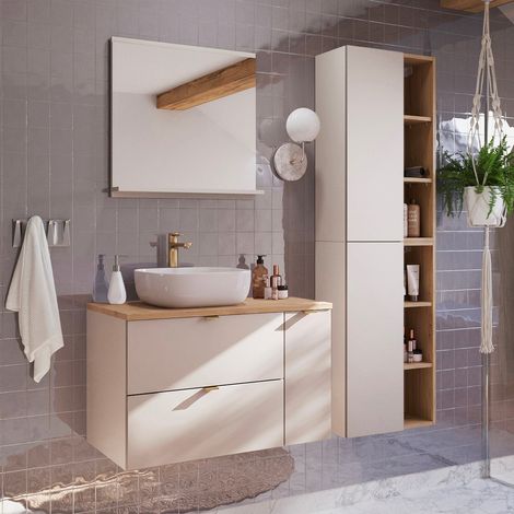 Conjunto mueble lavabo individual 80cm 3 cajones y columna Azel Cachemira y Madera (1/5)