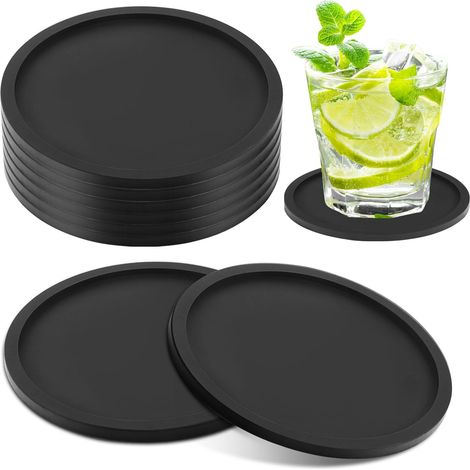Lot de 8 sous-verres noirs, épais et ronds, en silicone, idéaux pour le café et la bière. (1/5)
