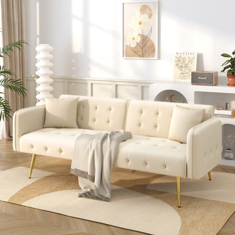 Sofá cama 2 plazas reclinable terciopelo beige OKMYHOME (1/5)