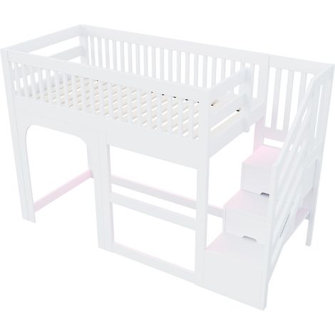 Letto a soppalco per bambini 90 x 200 cm con scala contenitore, LED, sponde e rete, bianco (1/5)