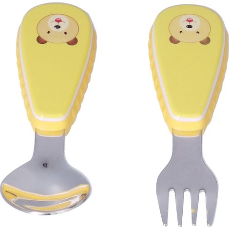 Ensemble de 2 couverts pour enfants, mignons, ignifugés, antidérapants et isolants thermiques, en acier inoxydable 304, cuillère et fourchette, pour la cuisine à la maison, jaune (1/5)